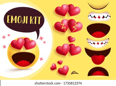 Emoji love heart create kit. Emoji yellow face with editable love heart eyes and mouth with in love facial expression for character creation. Vector illustration.   