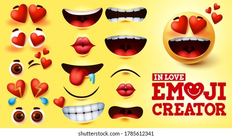 Emoji in love vector creator set. Emojis kit with hearts and in love face with editable facial expression for emoticon design and symbol element. Vector illustration
