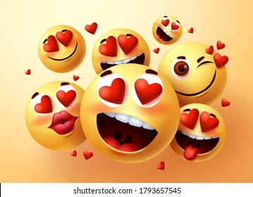 Emoji in love vector creator set. Emojis with hearts and in love face with different facial expression for emoticon design and symbol element. Vector illustration
