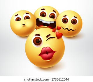 Emoji lovely character vector design. Emojis of suitors emoticon in pouty lips with suitor in love element in white background. Vector illustration.
