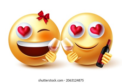 Emoji lovers valentine vector concept design. Emojis 3d inlove emoticon characters with wine and bottles elements for emoticons lover romantic valentines celebration. Vector illustration.
