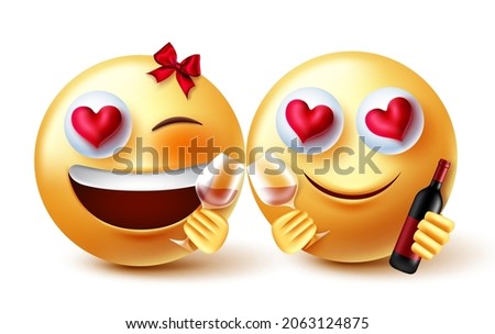 Emoji lovers valentine vector concept design. Emojis 3d inlove emoticon characters with wine and bottles elements for emoticons lover romantic valentines celebration. Vector illustration.
