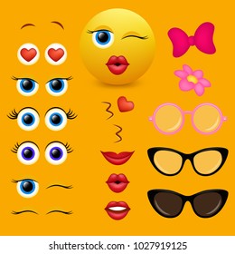 Emoji maker, smiley creator. Vector design collection of emoticon body parts and accessories allows you to create your own cool female emojis.