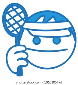 emoji with Male tennis player holding a tenis racquet or racket in his hand and wearing a cap, man prepared to strike back, ball or circle shaped face, simplistic facial expression, eps 10