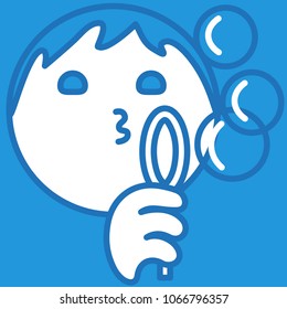 emoji with man blowing soap bubbles, fun game with soapy water and a ring, simple hand drawn emoticon, ball or circle shaped face, simplistic facial expression, eps 10 vector illustration