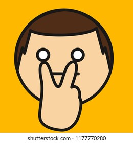 emoji with man expressing "watching you" gesture with fingers pointing to eyes, simple colored emoticon, simplistic colorful pictogram, ball like personage with thick outlines, primitive vector art