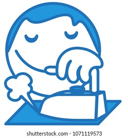 emoji with a man ironing some clothing or shirt with heated steaming flat iron with vapour mode turned on to remove wrinkles from fabric by heating it on an ironing board, simple hand drawn emoticon