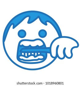 emoji with man with open mouth brushing teeth using a toothbrush and a toothpaste, simple hand drawn emoticon, ball or circle shaped face, simplistic facial expression, eps 10 vector illustration