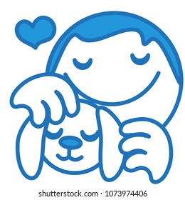 emoji with man petting a rabbit or wild hare with pleasure & love by stroking its hair & scratching its ears by hand while being surrounded by heart symbols, ball or circle shaped face, eps 10