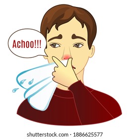 emoji man says achoo, sneezes his snots or blows his nose using a handkerchief, facial expression vector illustration, hand drawn emoticon, funny cartoon character