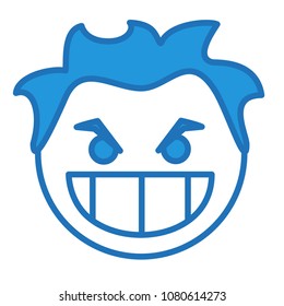 emoji with a man showing his evil grin on his angry frowned face with wild hair & eyes & wicked smile through teeth, simple hand drawn emoticon, ball or circle shaped face, funny cartoon character