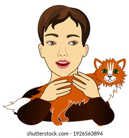 emoji with man stroking a ginger cat, color vector emoticon illustration on a white isolated background