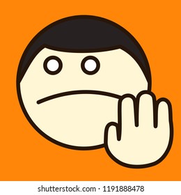 emoji with man that asks you to stop with palm gesture, simple colored emoticon, simplistic colorful pictogram, ball like personage with thick outlines, funny cartoon character from a set