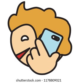emoji with man that is talking on the modern smartphone or mobile phone, simple colored emoticon, simplistic colorful pictogram, ball like personage with thick outlines, eps 10 vector illustration