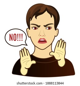 Emoji with a man who shows a gesture with his hands and says No, simple hand drawn emoticon, fanny cartoon character, clip-art on white isolated background