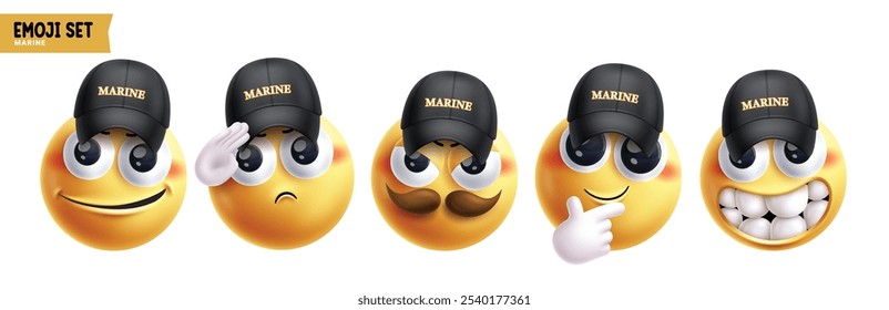 Emoji marine emoticon characters vector set. Emojis character in happy, friendly, cute, salute, smiling and serious emoticons face 3d round face navy elements collection. Vector illustration emojis 