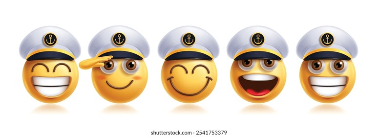 Emoji marine emoticon characters vector set. Emojis sea man character in happy, friendly, cute, salute, smiling and inspired emoticons face 3d round face wearing navy hat elements collection. Vector 