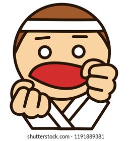 emoji with martial arts fighter that is wearing a headband and keikogi uniform for training, karate master holding his fists in fighting position, judoka in judogi, simple colored emoticon