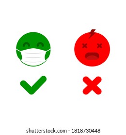 Emoji with mask and without mask. Rules during the virus. Right and Wrong wearing a mask. Vector icon