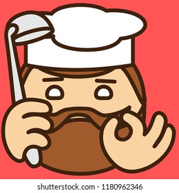 emoji with Master chief cook that is wearing a cooking cap and holding a ladle spoon shows a delicious gesture with his hand, simple colored emoticon, simplistic colorful pictogram