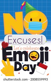 
Emoji with medical half-mask and party hat, promoting its celebratory day with responsibility due to pandemic with zany face, bandaged, heart, victory hand and calendar.