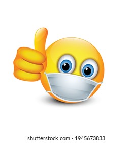 Emoji with medical mask over mouth showing thumb up - isolated vector emoticon