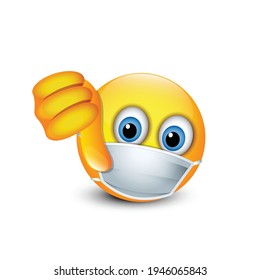 Emoji With Medical Mask Over Mouth Showing Thumb Down - Isolated Vector Emoticon