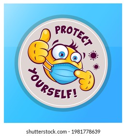 Emoji with medical mask over mouth showing thumb up. Round vector sticker icon with emoticon  and inscription "protect yourself" isolated on blue background.
