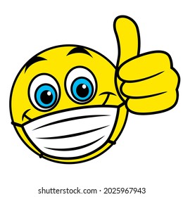 Emoji with medical mask over mouth showing thumb up - isolated vector emoticon