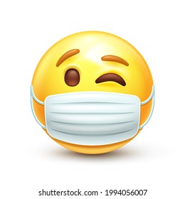 Emoji with medical mask. Winking emoticon yellow face wearing surgical mask to avoid sickness 3D stylized vector icon