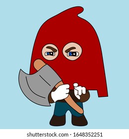 emoji with medieval executioner Jack Ketch wearing a hood and holding an axe, punisher or hangman cartoon character, simple colored emoticon, simplistic vector illustration