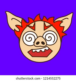 emoji with mentally ill pig man with scary insane face, crazy eyes and crooked teeth, vector emoji drawn by hand in color, simplistic colorful picture, simple handdrawn illustration