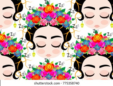 Emoji Mexican woman with crown of colorful flowers, typical Mexican hairstyle, little girl who snores, Background cartoon vector portrait