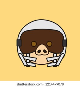 emoji with modern fighter plane aircraft pilot pig wearing a special helmet with air or oxygen gas supply tube, mask and sunglasses or anti reflective glasses, vector emoji drawn by hand in color