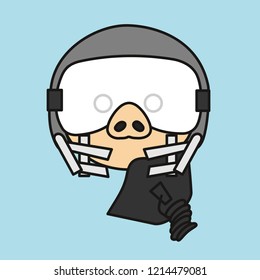 emoji with modern fighter plane aircraft pilot pig wearing a special helmet with air or oxygen gas supply tube, mask and sunglasses or anti reflective glasses, simple hand drawn emoticon