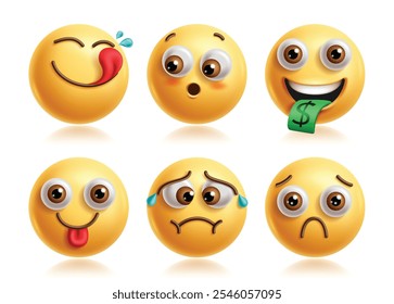 Conjunto de vetores de caracteres de boca de dinheiro de Emoji. Emojis 3d clipe art personagem com olho lateral, tímido, bobo, impertinente, frustrado e triste expressão facial. Emoticon de boca de dinheiro de ilustração vetorial