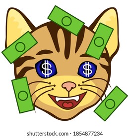 emoji in a money shower, cat swimming in money with dollar signs in his eyes, funny cartoon character with simplistic facial expression, simple hand drawn emoticon