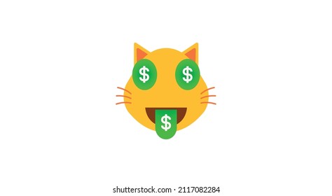 emoji in a money shower, cat swimming in money with dollar signs in his eyes, funny cartoon character with simplistic facial expression, simple hand drawn emoticon