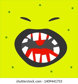 Emoji monster with open mouth and fangs. Cartoon character monster toothy emoticon screaming. Vector illustration