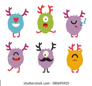 Emoji monsters. Cute cyclops vector set. Cartoon  funny emoticons. Monsters stickers, flat cartoon style. Isolated on white background