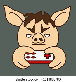 emoji with moody player boy or gamer man pig that is holding a retro gamepad and playing a video game, simple hand drawn emoticon, simplistic colorful picture, vector art with pig-like characters
