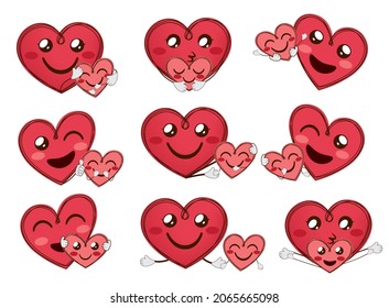 Emoji mother and kid characters vector set. Emoticon mom heart shape characters with happy child for mothers day and valentines love character collection design. Vector illustration.
