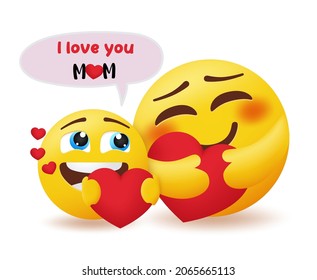 Emoji mothers day vector concept design. I love you mom text with emoticon mother and child in care and love gesture for emoticons mother's day greeting character design. Vector illustration.
