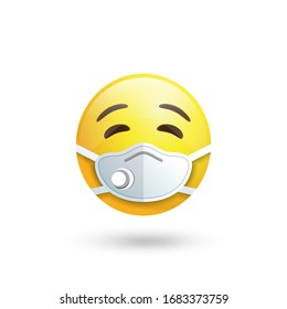 Emoji with mouth mask respirator, yellow face with closed eyes wearing a white surgical mask. Emoji personal protection during a pandemic coronavirus in the world