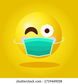 Emoji with mouth mask. Round yellow face wearing a green surgical mask. Cartoon style vector illustration.