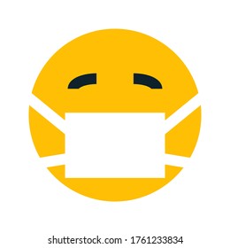 Emoji with mouth mask - yellow face with closed eyes wearing a white surgical mask. vector illustration