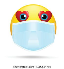 Emoji with mouth mask - yellow face with open eyes wearing a white surgical mask, Emoji wearing a face mask, yellow emoji with face mask
