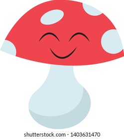 Emoji of a mushroom with spotted blue on a red cap and a stout stem has a face with eyes closed and smile turning up to the cheek looks cute, vector, color drawing or illustration.