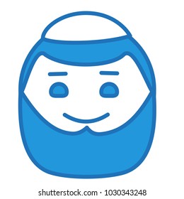emoji with muslim with heavy beard wearing islamic prayer Kufi or Takke hat, arab in Topi or Taqiya skull cap, simple hand drawn emoticon, ball or circle shaped face, simplistic facial expression