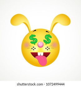 Emoji, muzzle of a rabbit, a rabbit loves money, a flat design. Vector EPS10